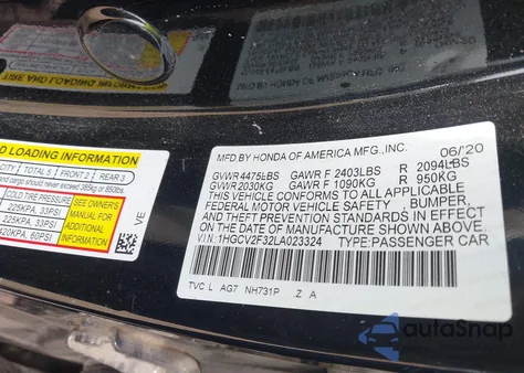 2020 Honda Accord Sport 2.0T z USA, uszkodzony, nr VIN 1HGCV2F32LA023324